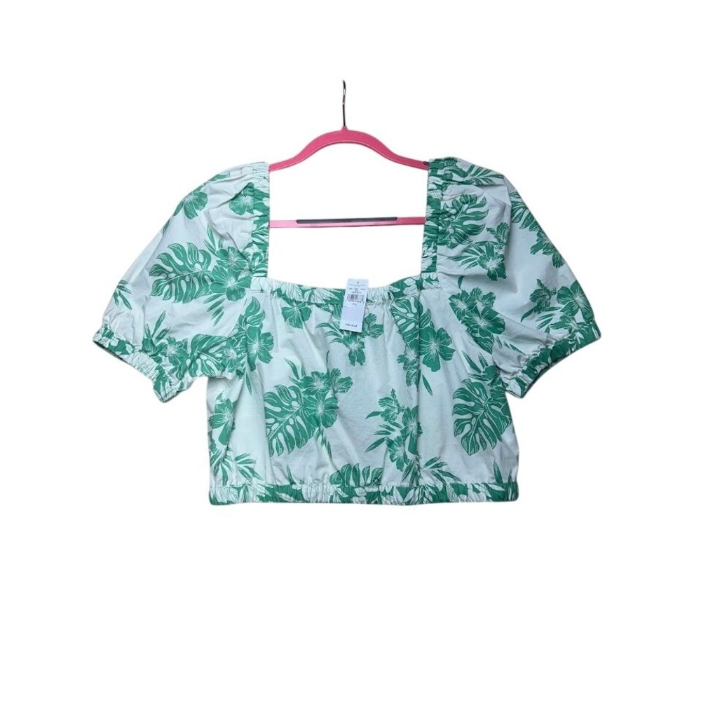American Eagle Women Green Tropical Floral Puff Sleeve Crop Top Large NEW
